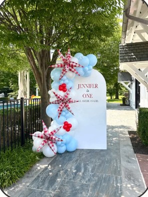 Light blue and red nautical first birthday backdrop